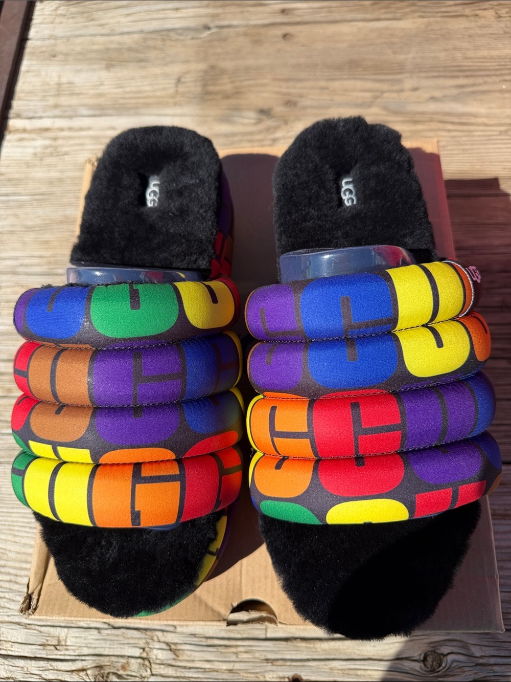 UGG Rainbow Puff Slide Sandals - Black Plush with Multicolor Straps